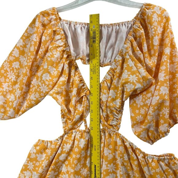 Pink Lily Womens 3XL Yellow Floral Puff Sleeve Cutout Dress Stretchy Resort Wear - Picture 13 of 16